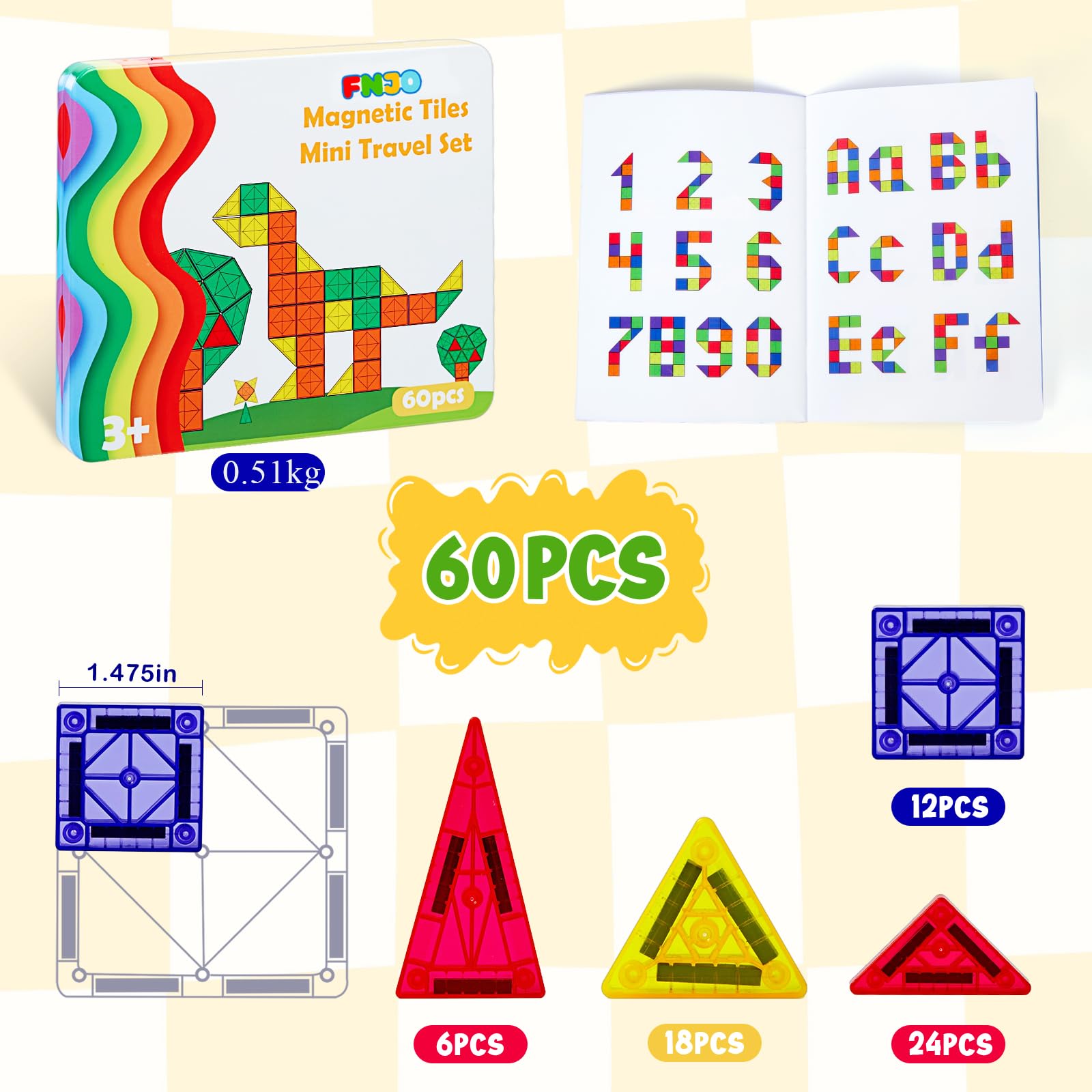 FNJO Mini Magnetic Tiles, 60PCS STEM Building Blocks Toy for Kids view 5