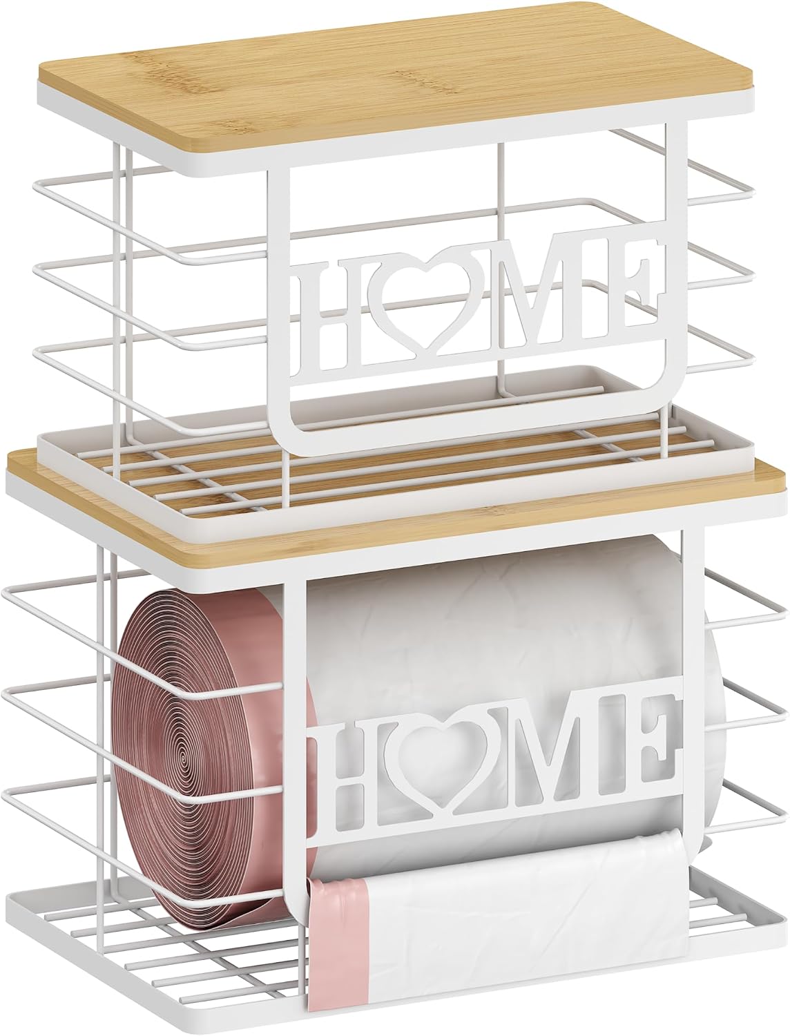 Trash Bag Holder, Thipoten Trash Bags Dispenser with Bamboo Top, Suitable for Garbage Bags Purchased Online or Supermarket, Perfect Storage Organizers for Cabinet, Under Sink (White, 2pack-XL/L)