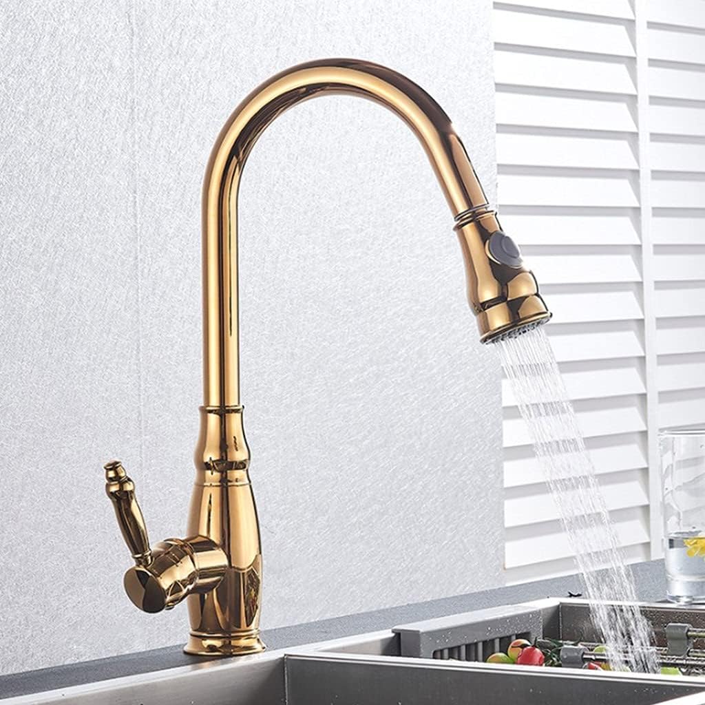 Sink for Bar Farmhouse Commercial, Brushed Nickle Hot and Cold Water Faucet, Spring Kitchen Pull Down Mixer, 2 Function Spout,Gold Polish-A