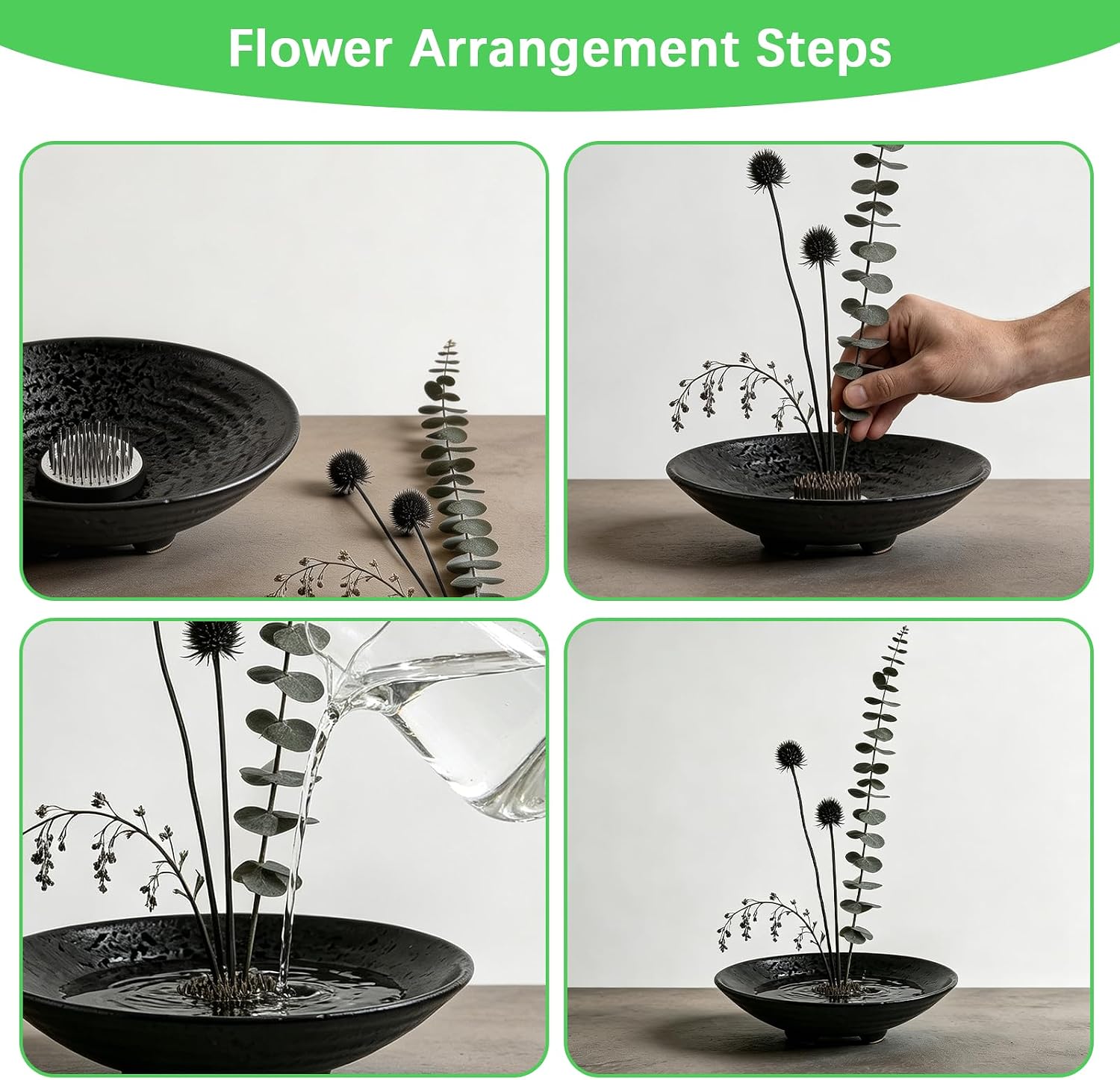 Japanese Ikebana Kit Floral Frog Flower Container with Kenzans Needle Straightening Tool - 1.8inch Black Flower Frog, 6.7inch Bowl Vase