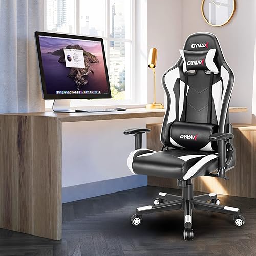 Miniatura 11 de GYMAX Silla para videojuegos, silla ergonómica rosa con respaldo alto para computadora con reposacabezas y soporte lumbar, silla de escritorio de