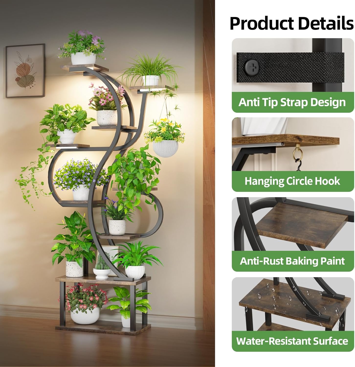 Plant Stand Indoor with Grow Light, 9 Tiered Indoor Plant Stand, 68" Tall Flower Stand Plant Shelf Indoor, Double S Shape Plant Holder, Versatile Plant Hanger for Living Room, Bedroom, Patio