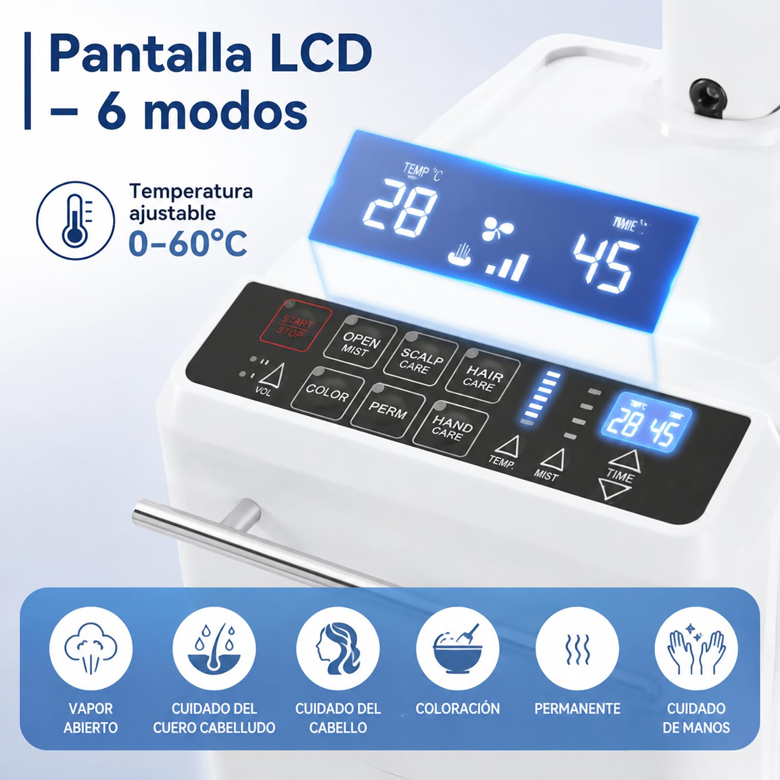 Nano, vaporizzatore per capelli, 500 W, con 6 programmi, display LCD, 1000 ml, temperatura regolabile 32-140 ℉, per la colorazione permanente, per la cura dei capelli con ruote e cassetto
