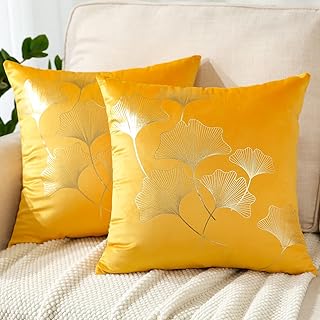 JOTOM Pack of 2 Cushion Covers 45x45cm Cozy Velvet Decorative Throw Pillow Covers Gold Ginkgo Leaves Bronzing Pillow Cases Square Cushion Cover for Couch Bedroom Living Room Sofa Car Decor (Yellow)