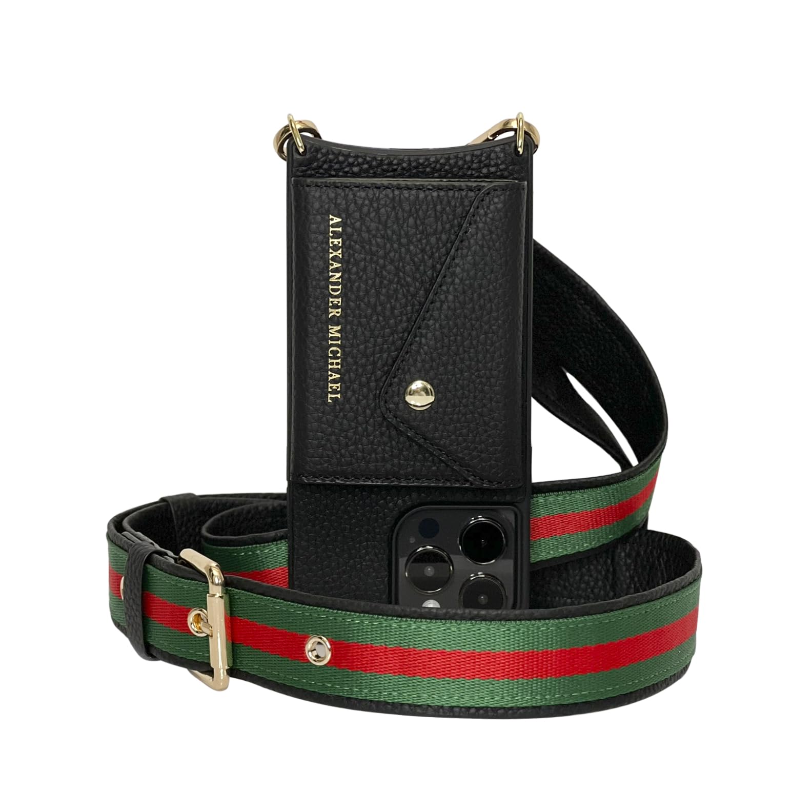 Alexander Michael Gigi Phone Case Wallet and Crossbody with Tri-Color Strap in Premium Leather, Fold Out Wallet in Black Compatible with iPhone 13 Pro (Black, iPhone 14)
