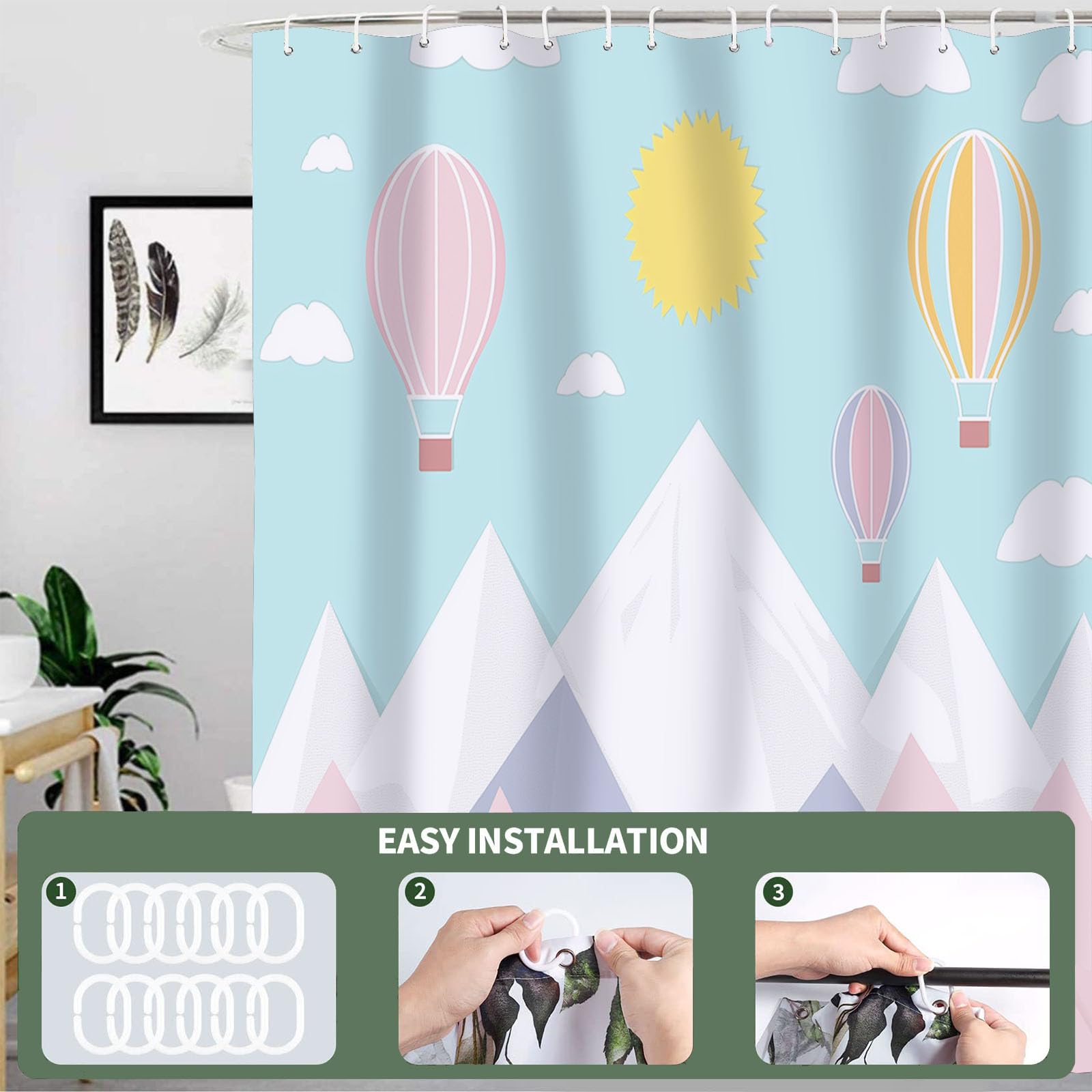 Cortina de Ducha Montañas240x200cm,Globo Aerostático Lavables Cortina de Baño,Poliéster Textil Impermeable Cortina Ducha para Bañera con 12 Ganchos