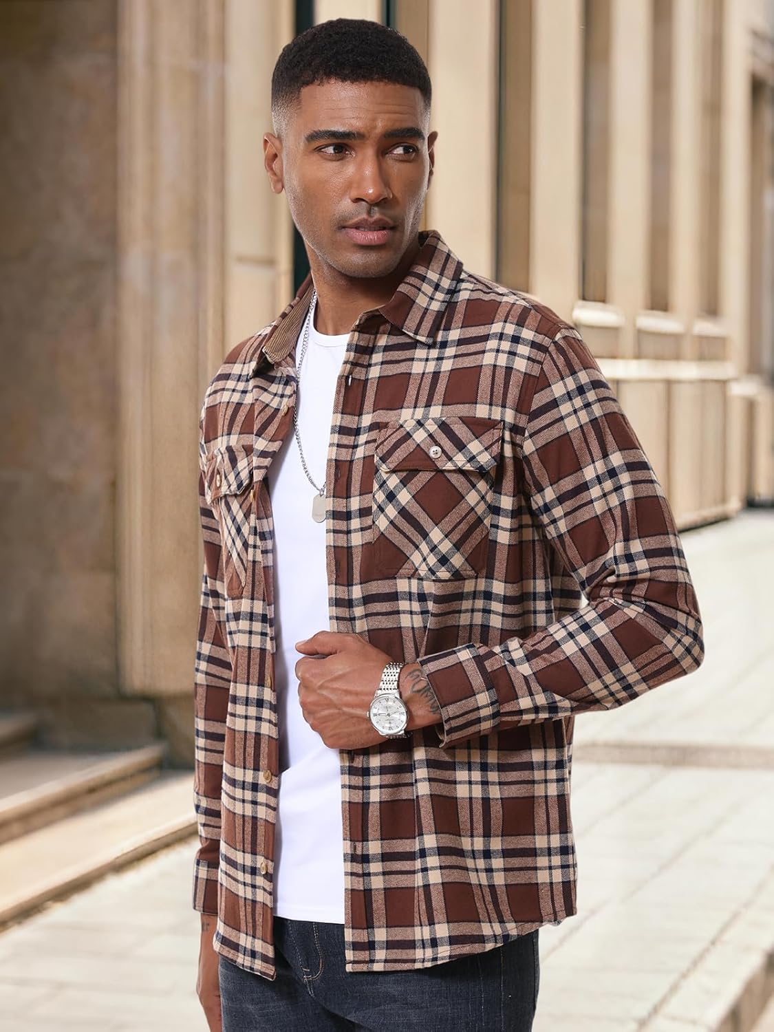 MAGNIVIT Flannel Shirt for Men Plaid Button Down Shirt Casual Lightweight Cotton Shirt with 2 Chest Pockets - Image 3