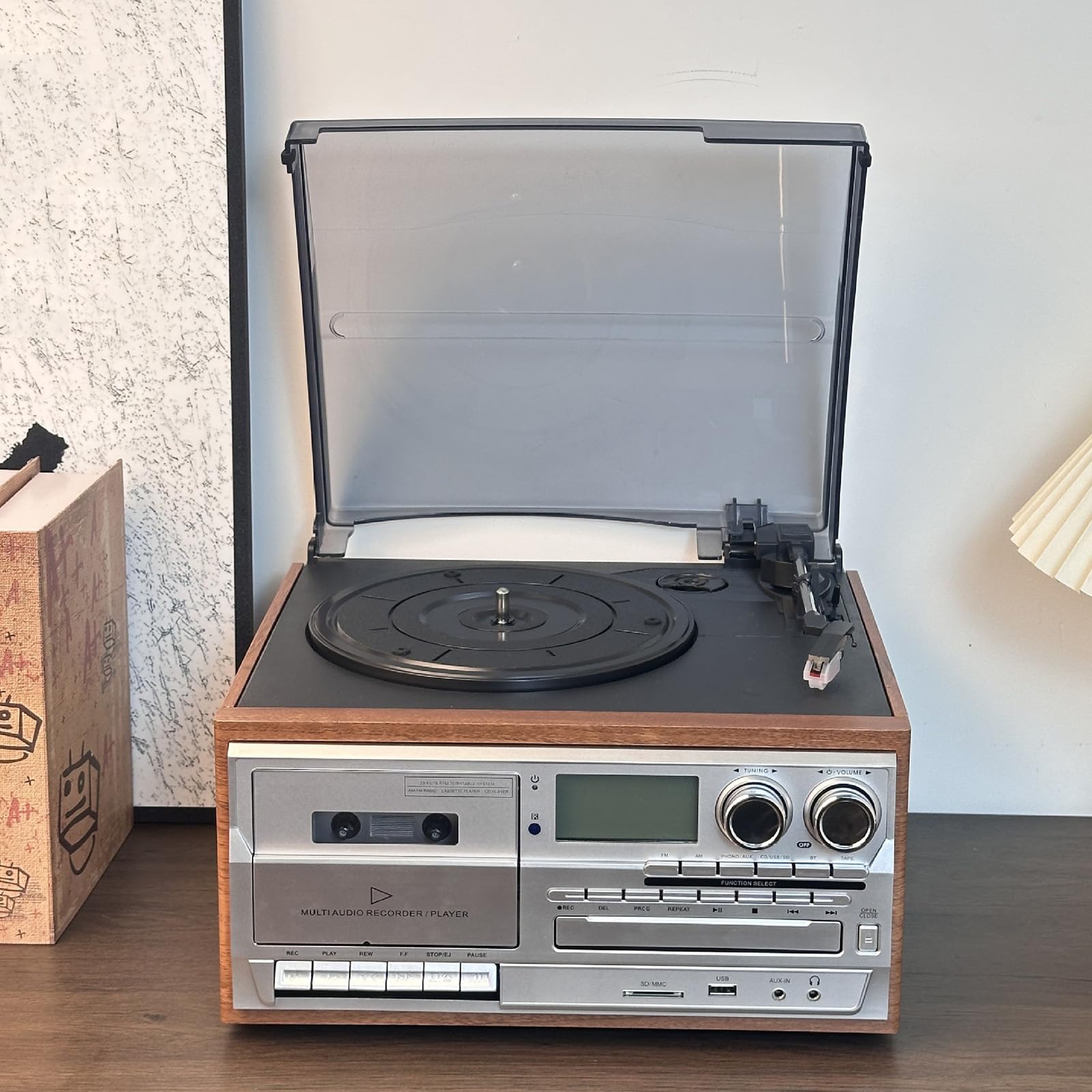 Giradischi Bluetooth 10 in 1 con lettore di cassette CD, velocità 33/45/78 giri/min, altoparlanti integrati, per intrattenimento e uso in ufficio