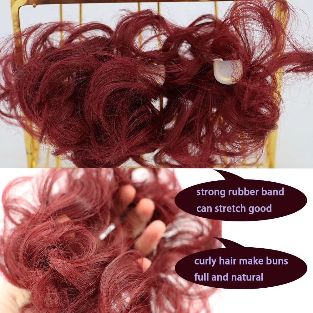 LaLuLoLi Hair Bun Updo Hairpiece Scrunchy Curly Wavy Chignons Violet Red Color Synthetic Wig Wine Red Hair Extensions for Women 2pcs/pack #118 - Image 3