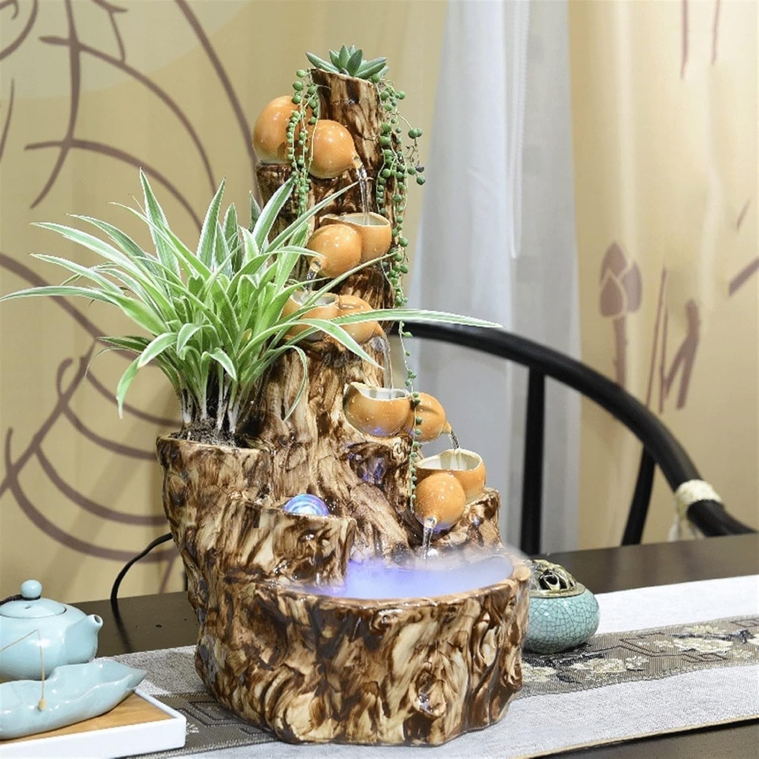 Desktop Fountain Tabletop Fountain Ceramic Feng Shui Wheel Lucky Gourd Rockery Landscape Flowing Water Fountain Desktop Decoration Waterfall Fountain