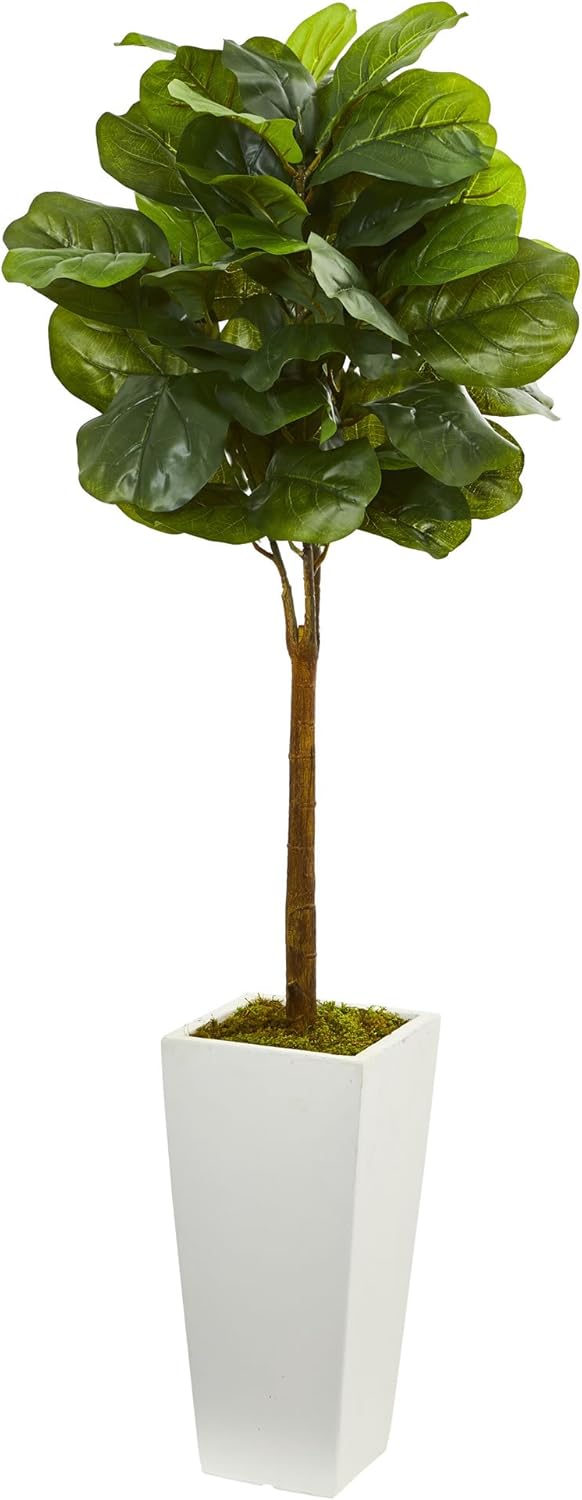 Nearly Natural 4ft. Fiddle Leaf Artificial Tree in White Tower Planter