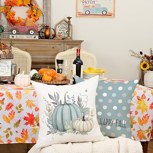 Miniatura 7 de Juego de 4 fundas de almohada de otoño de 20 x 20 pulgadas, diseño de búfalo a rayas, lunares, calabazas, hojas, decoración de interiores,