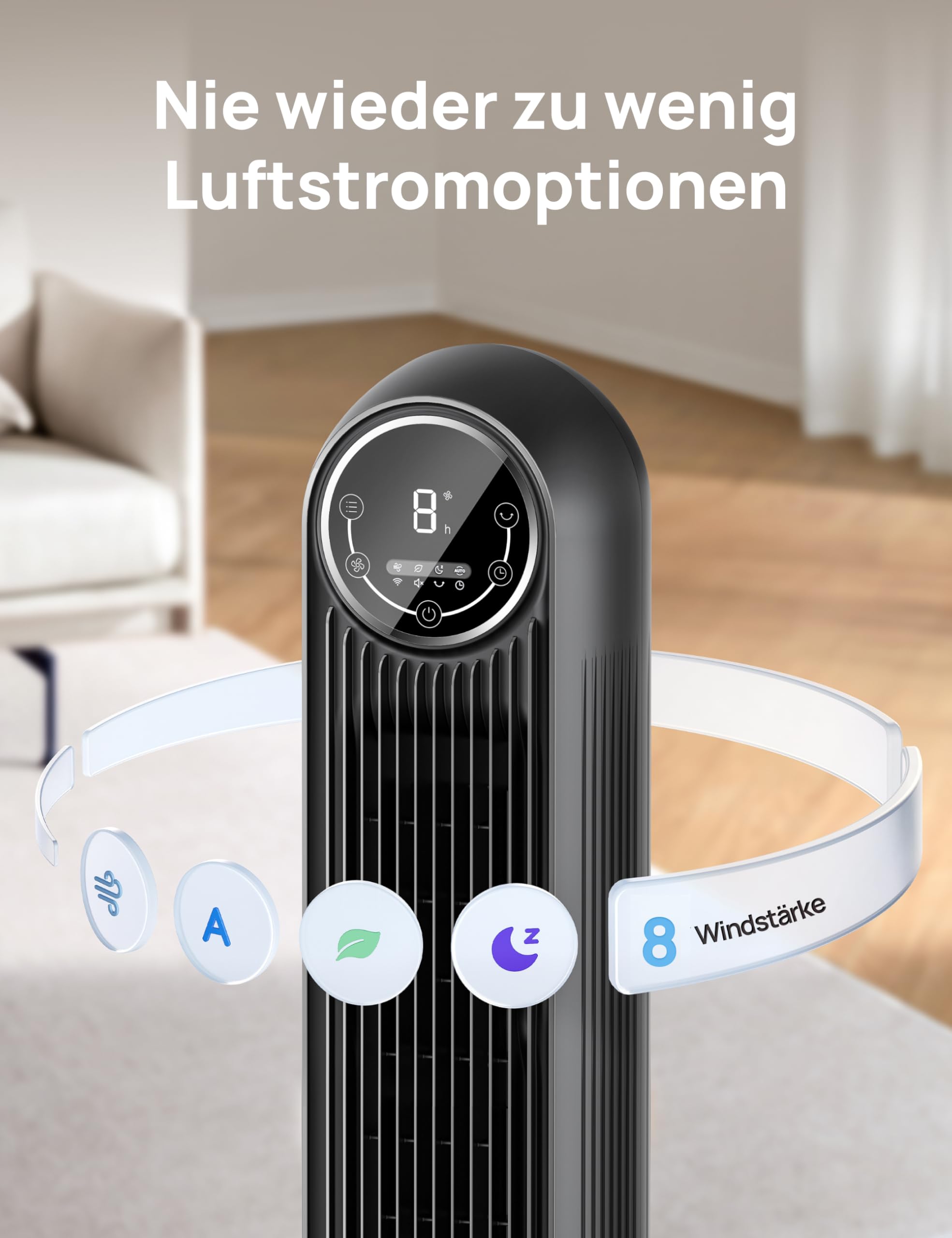 DREO Turmventilator 10 m Wurfweite 4 Geschwindigkeitsstufen 8 Std. Timer 90° oszillierend Fernbedienung Schwarz