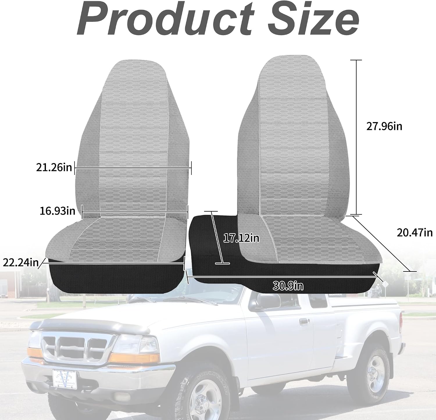 2PCS Front 60/40 Cloth High Back Bench Seat Cover for Ford Ranger XLT 1998 1999 2000 2001 2002 2003 (Without Console Cover)-Silver