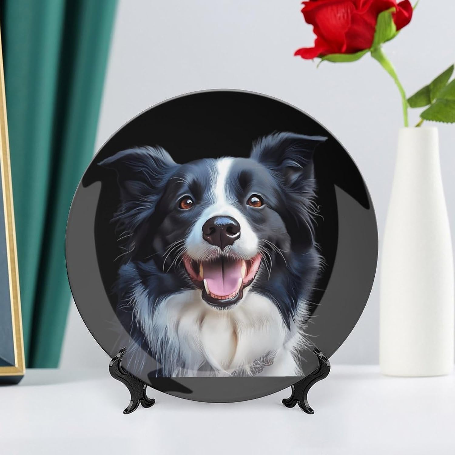 Border Collie Happy Dog Bone China Decorative Porcelain Plates Dinnerware Ornaments