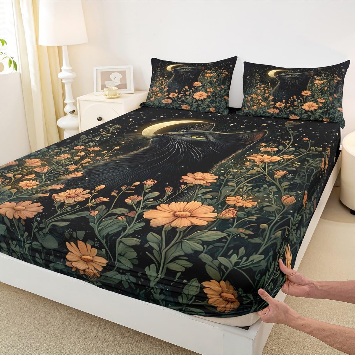 Trippy Cat Fitted Sheet Exotic Daisy Floral Moon Bed Sheet Set for Kids Children Teens Mysterious Nature Jungle Bed Cover (No Top Sheet) for Bedroom Decor,Twin Size