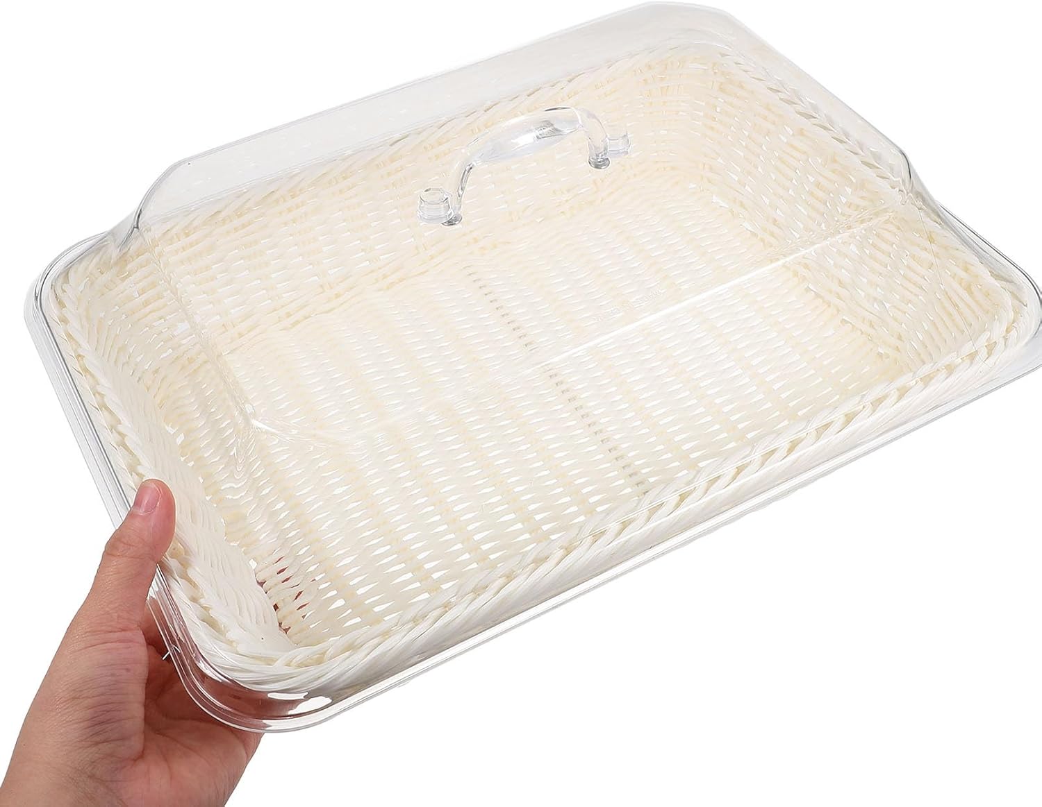 Woven Bread Basket with Lid, White Rectangular Food Storage Basket 35x25x15cm for Bread, Fruit, Cake, and Snacks, Kitchen Serving Tray for Parties and Dining