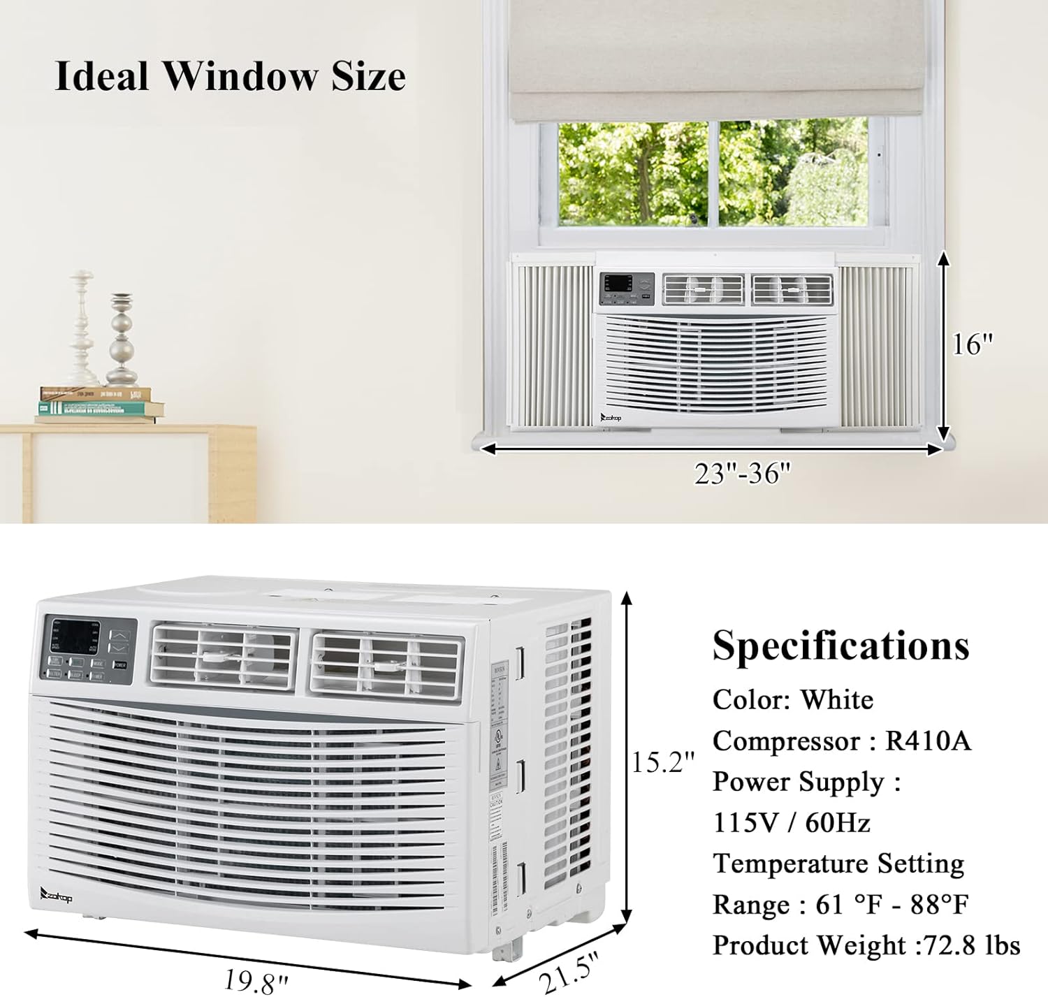 Diagram showing ideal window dimensions for installation: 23-36 inches wide by 14.5 inches high