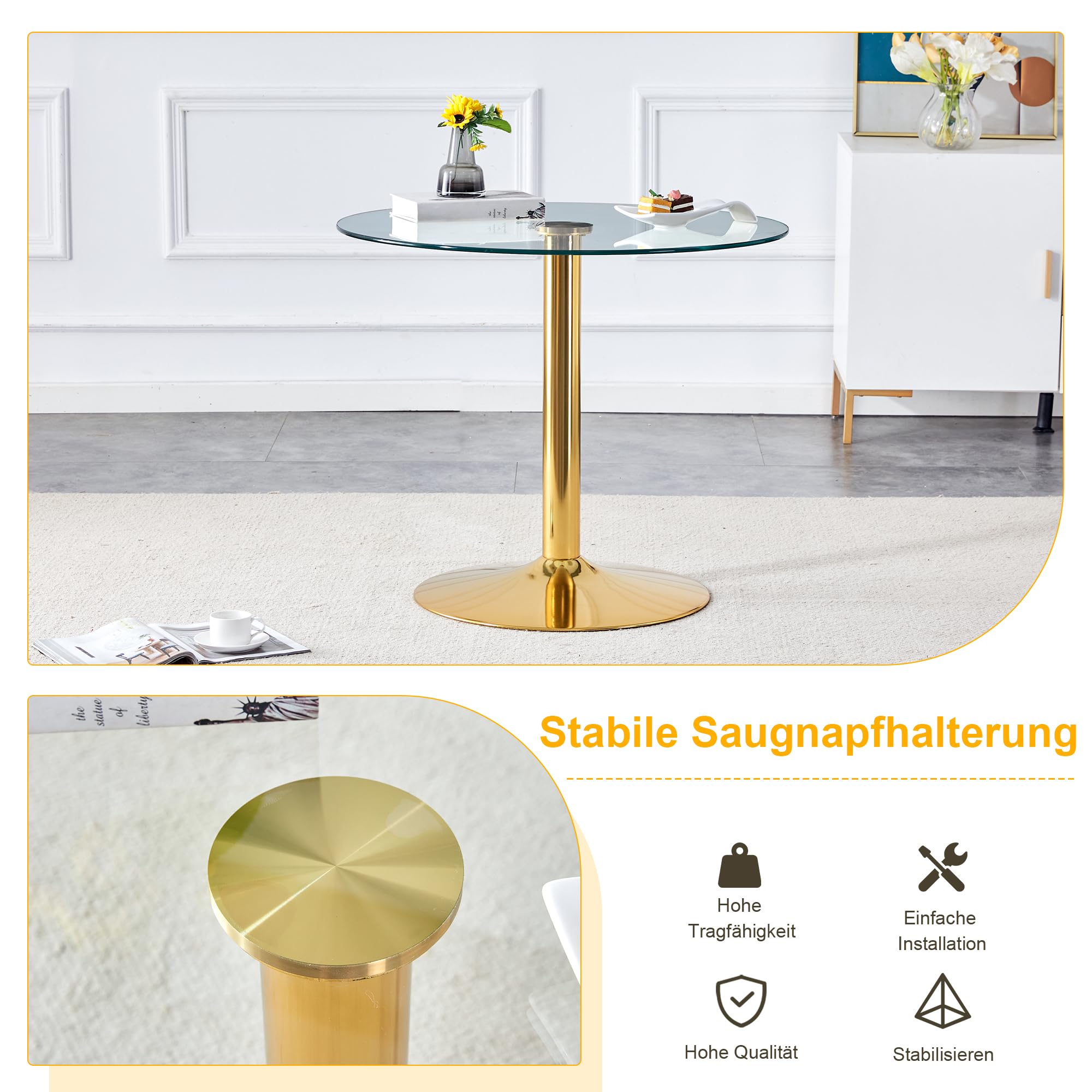 Runder Esstisch 85 cm Durchmesser, Küchentisch mit Glasplatte und Metallbeinen, Moderner Glastisch, runder Bistrotisch, stabiles Sicherheitsglas, Pflegeleichte Glasoberfläche, Gold