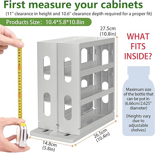 Miniatura 3 de Organizador de especias de 3 niveles, gabinete de almacenamiento giratorio y tirado para encimera de cocina, baño, 10.8 pulgadas de alto x 5.8