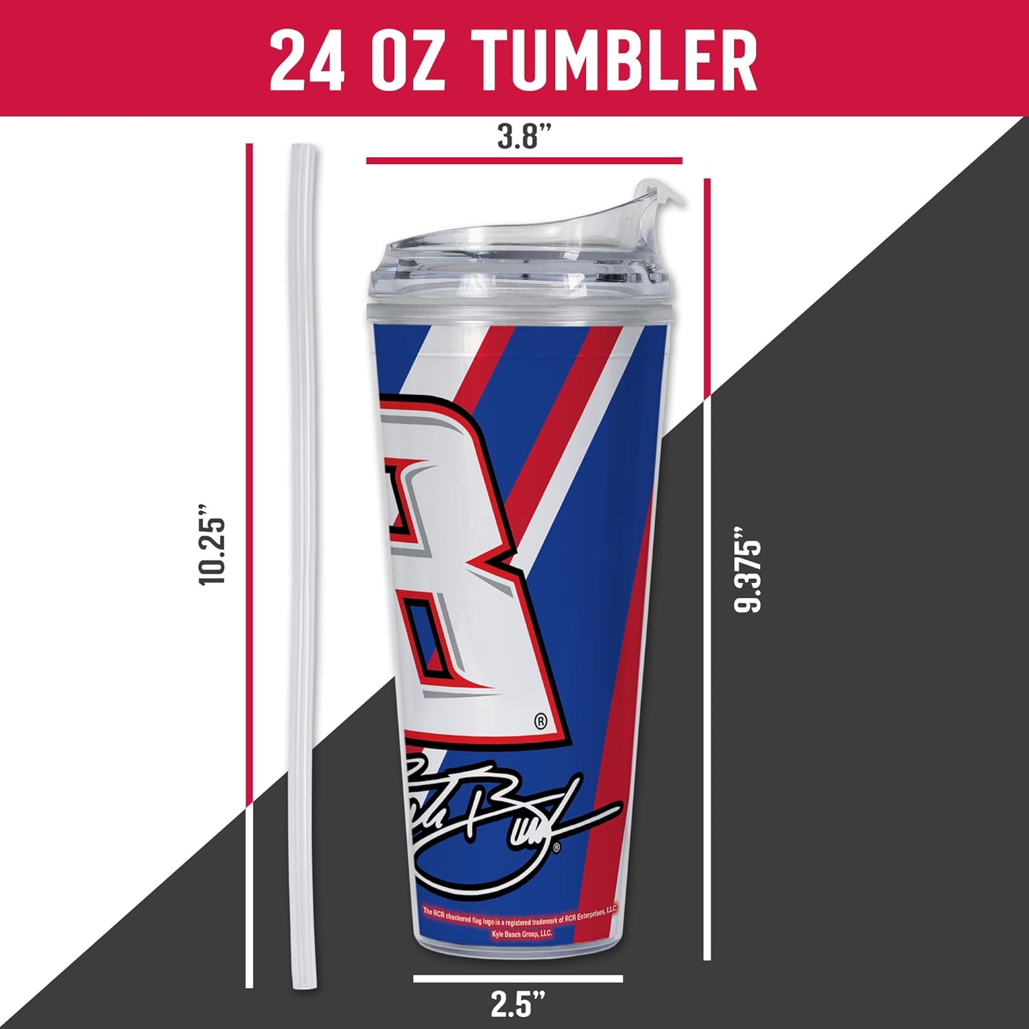 Rico Industries NASCAR Racing Kyle Busch 24oz Acrylic Tumbler with Hinged Lid, Officially Licensed Double Wall Tumbler with Straw - Image 6