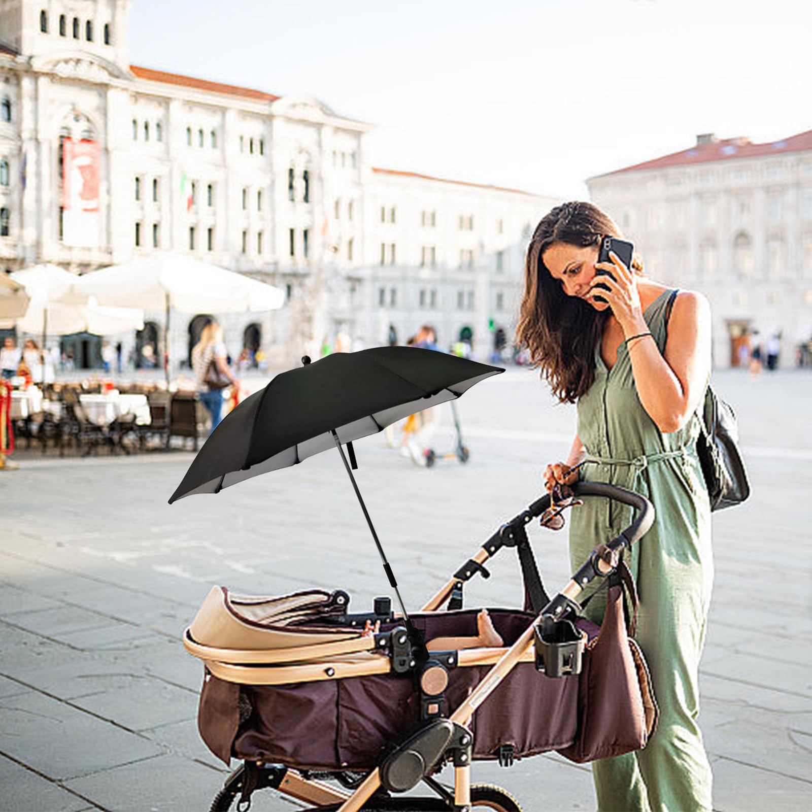 Ombrellino Passeggino Universale, Ombrellino Parasole Passeggino Anti UV 50+, Ombrello Parasole Passeggino con Un Manico, Ombrellone per Passeggino per Carrozzina e Passeggino-Nero