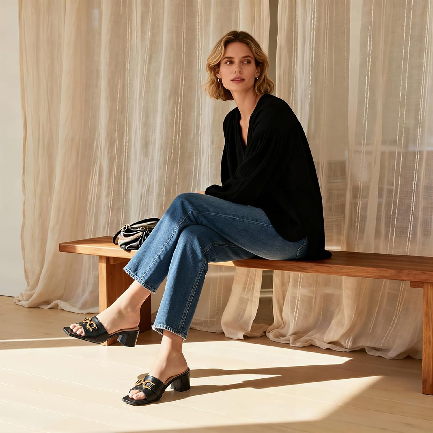 Athlefit Women's Raffia Heeled Sandals Square Open Toe Slip On Mules Chunky Block Heels with Metal Chain for Summer Vacation - Image 2