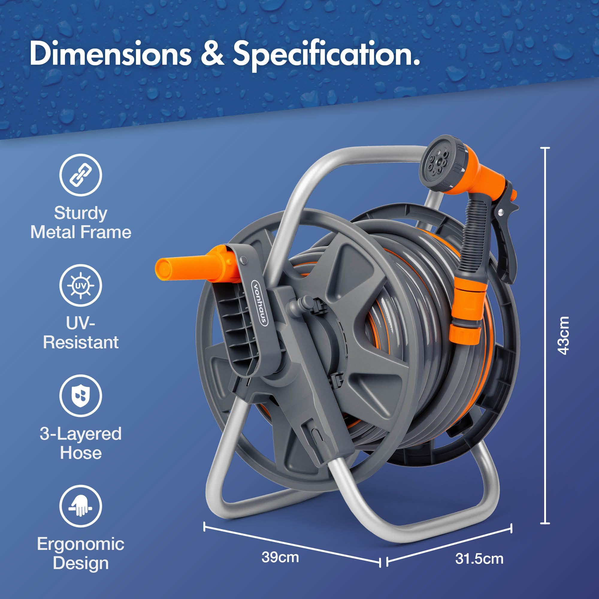 Vonhaus Garden Hose Reel 25m – 2-in-1 Hose Pipe Reel with 8-Pattern Spray Nozzle & 1/2" and 3/4" Fittings, Wall Mounted and Freestanding Heavy Duty Rewind Water Hose — view 9