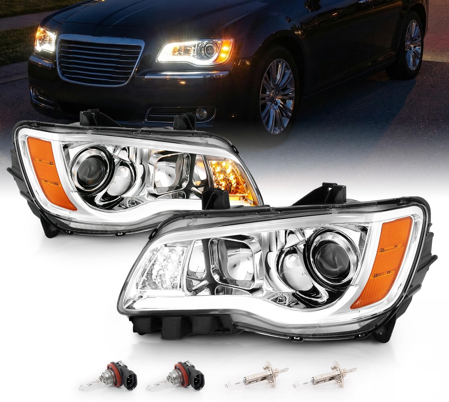 AmeriLite for 2011-2014 Chrysler 300 Sedan OE+ LED Tube Black Projector Headlights Pair - Passenger and Driver Side