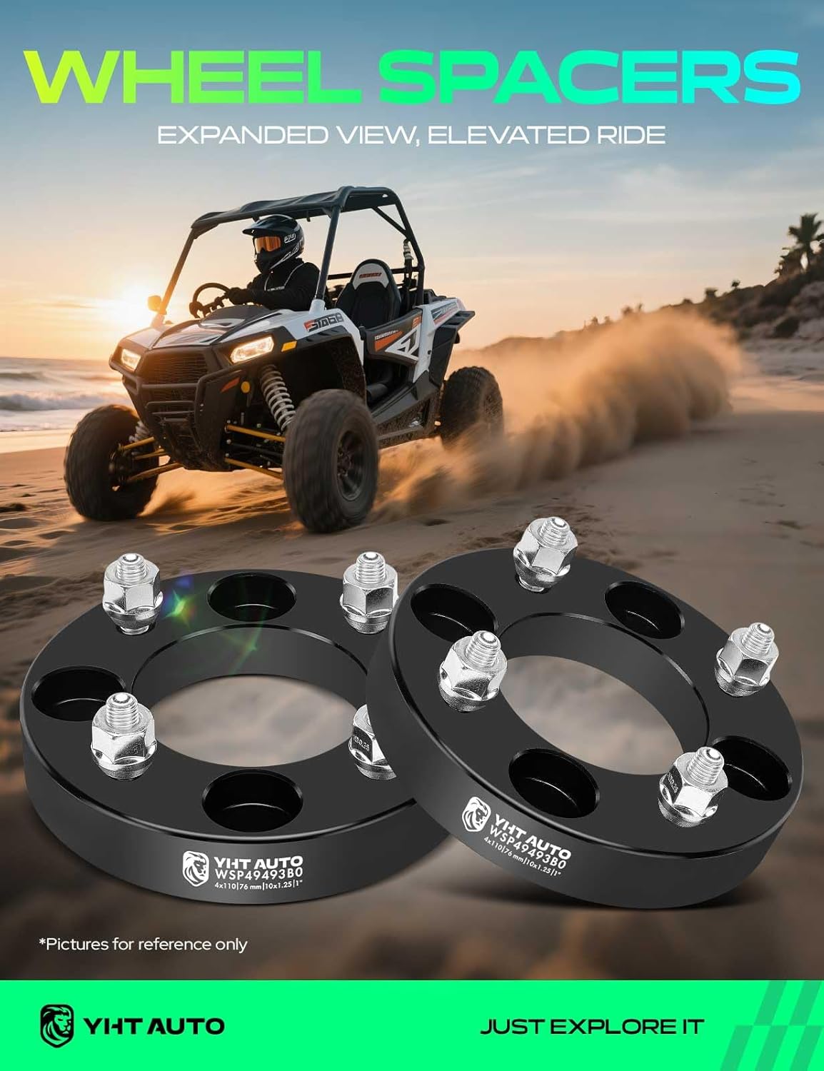 YHTAUTO 4x110 Wheel Spacers 1 Inch Compatible with Honda & Kawasaki & Yamaha, Foreman FourTrax Rancher Grizzly Kodiak Rhino, Tire Spacers w/10x1.25, 76mm Center Bore 4 Lug 2PCS Black