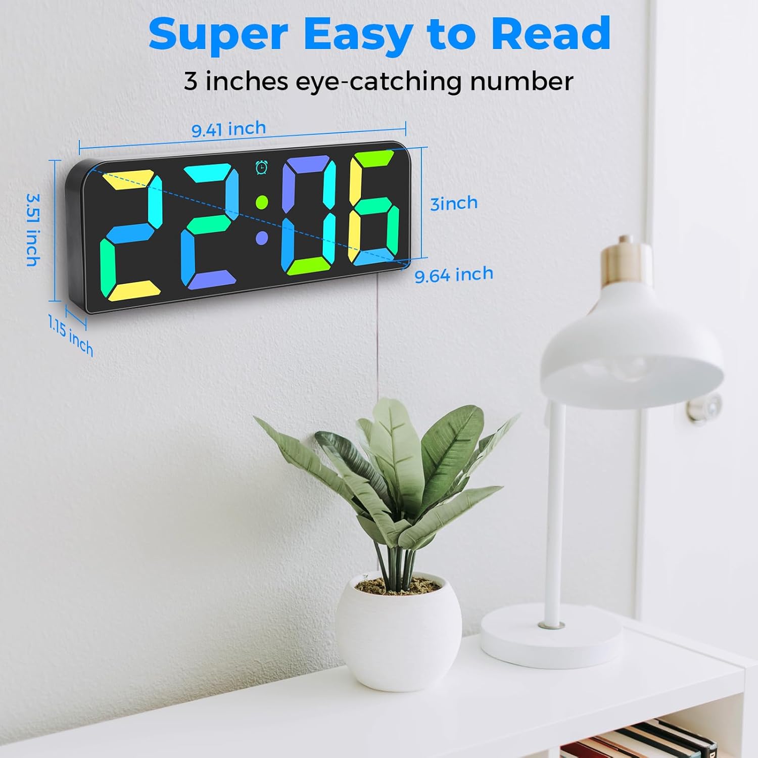 Image showing the dimensions of the Meloya Digital Wall Clock: 9.41 inches wide, 3.51 inches high, and 1.15 inches deep, with 3-inch eye-catching numbers.