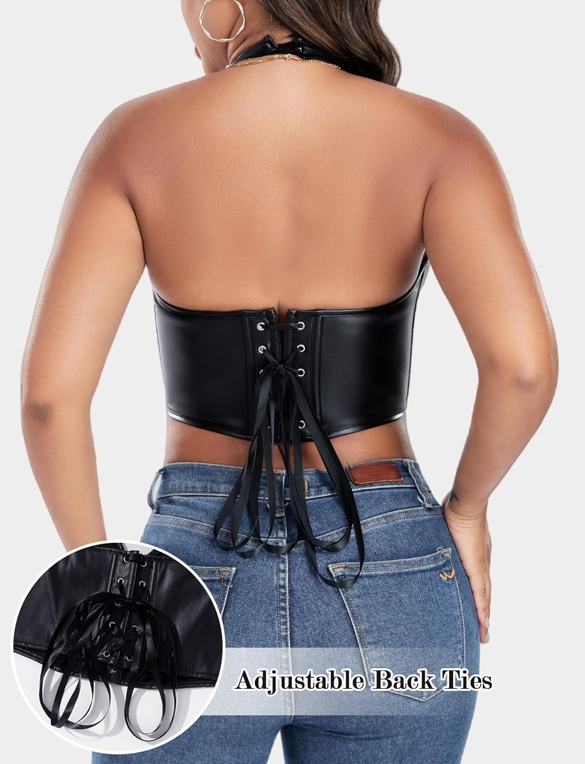 FEOYA Womens Pu Leather Halter Neck Tops Lace Up Backless Corset Bustier Sexy Y2K Going Out Party Vest Clubwear - Image 2