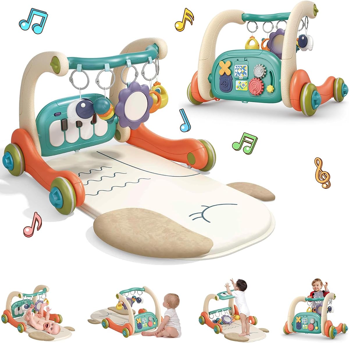 Alfombra de juego 3 en 1 para bebé, gimnasio, gimnasio de piano para patear y tocar con luz musical, alfombra de juego para el tiempo boca abajo con 5 juguetes sensoriales de aprendizaje, regalos infantiles para bebés recién nacidos de 0 a 14 meses