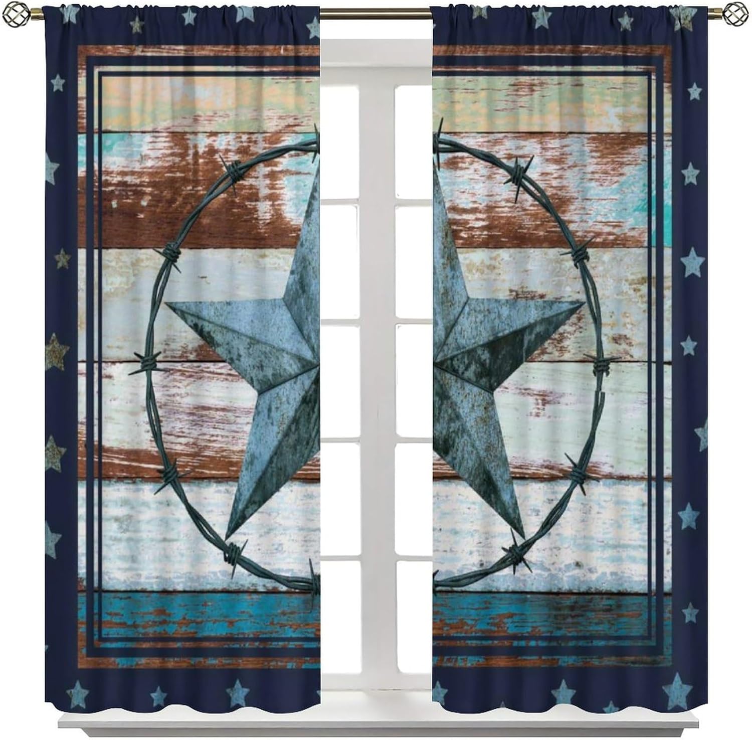 Country Farmhouse Western Blackout Curtains, Western Texas Star Old Wooden Barn Retro Star Rustic Window Drapes, for Living Room Bedroom 42" W X 45" L
