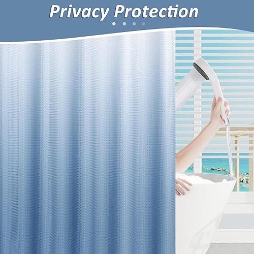 Miniatura 7 de Juego de cortina de ducha de baño azul mezclilla con ganchos, cortina de baño de tejido gofre de 230 GSM, accesorios de decoración de tela repelente