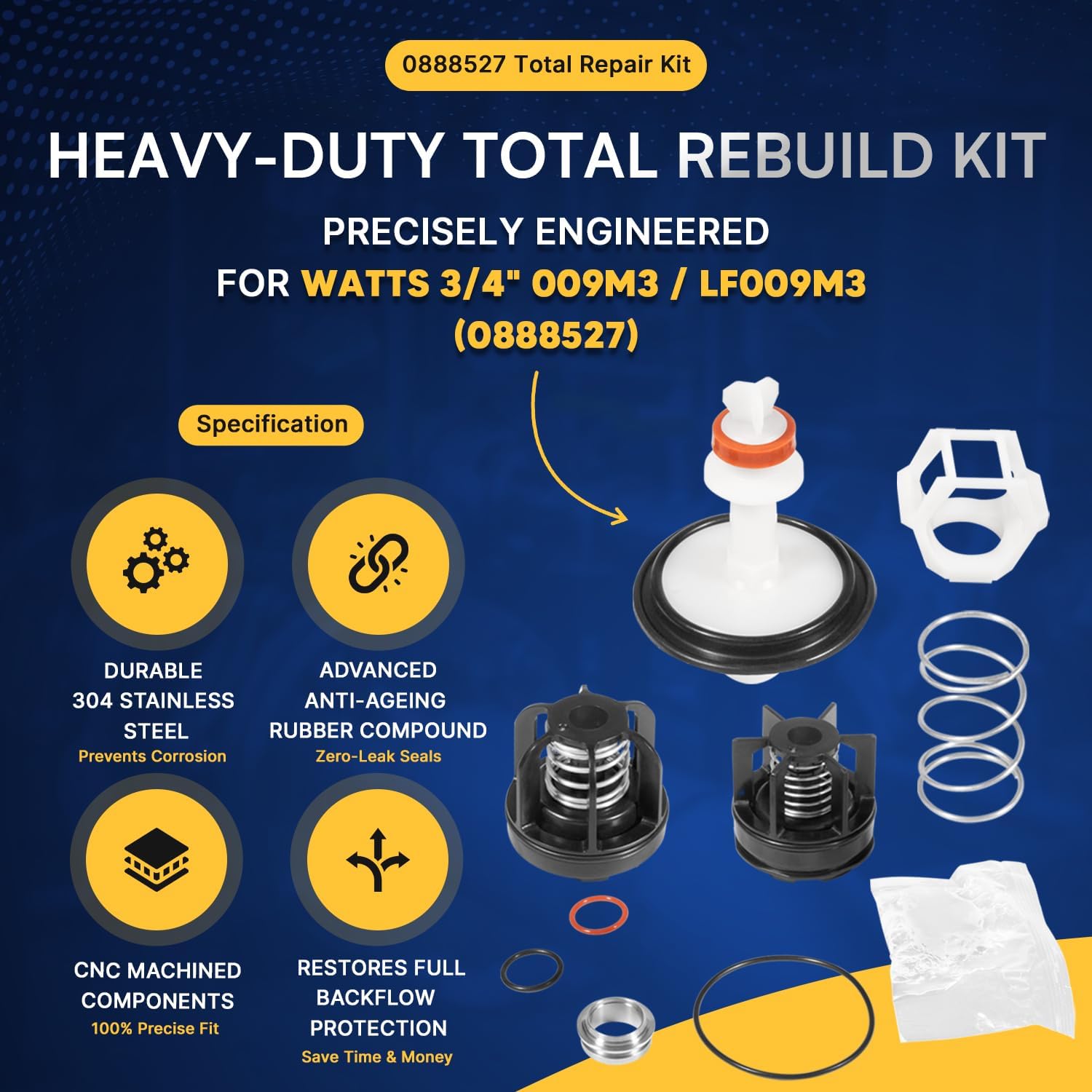 3/4" 009M3 Total Repair Kit for Watts 0888527 & LF009M3, Backflow Preventer Rebuild Set RK 009M3-T, Includes 1st & 2nd Check + Relief Valve Parts with Lubricant