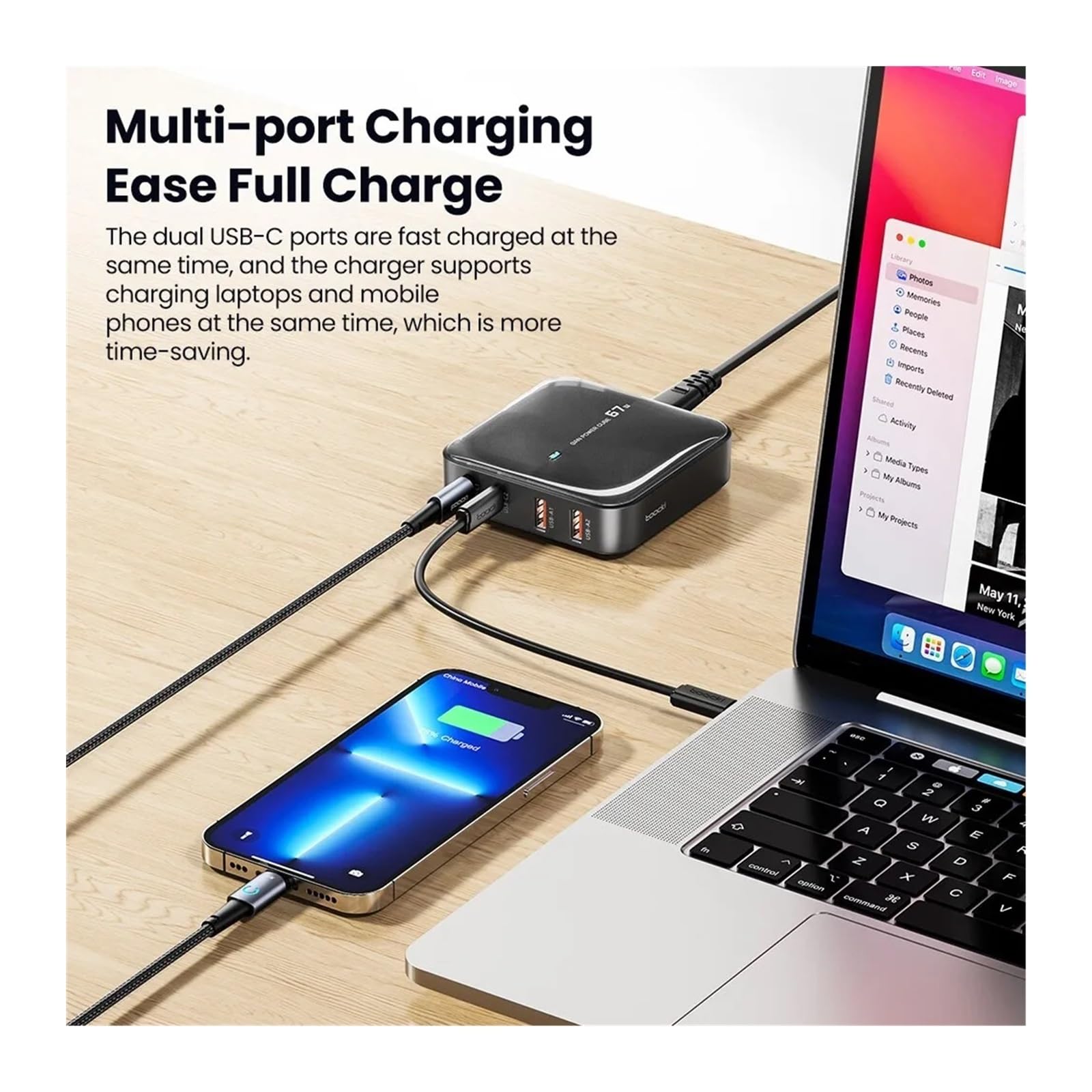 Ładowarka Multi Ports, Ładowarka Stacja ładująca Wieloportowa ładowarka USB 67 W typu C PD QC Szybkie ładowanie do domu, biura i podróży