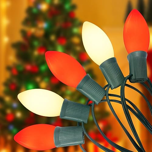 Miniatura 1 de C9 - Tira de luces de Navidad vintage de 25 pies, luces de árbol de Navidad con 26 bombillas LED rojas y blancas, tira de luces para exteriores con