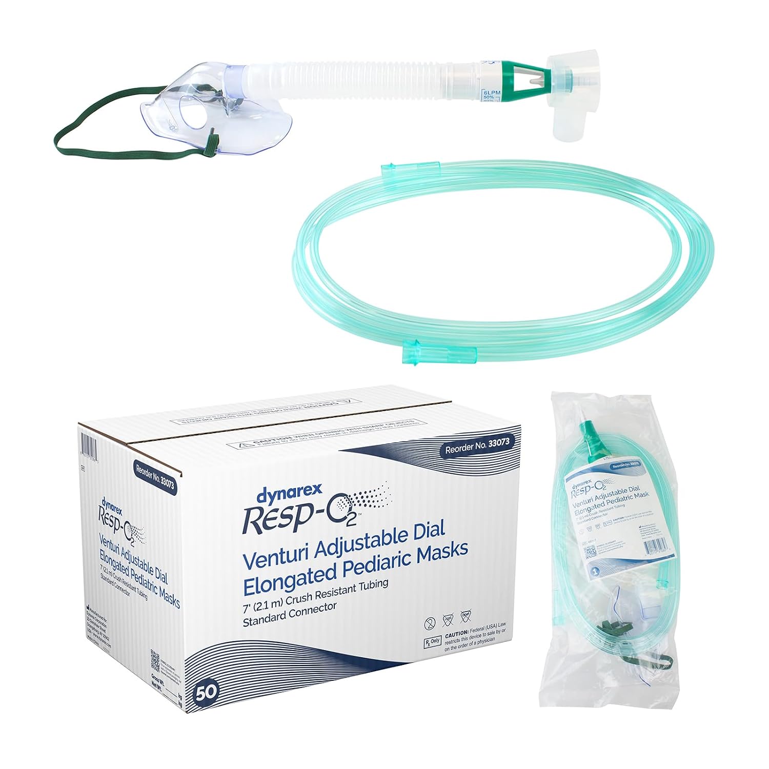 Dynarex 33073 Pediatric Venturi Adjustable Dial Elongated Mask with 7' Tubibg, Standard Connector, Pack of 50