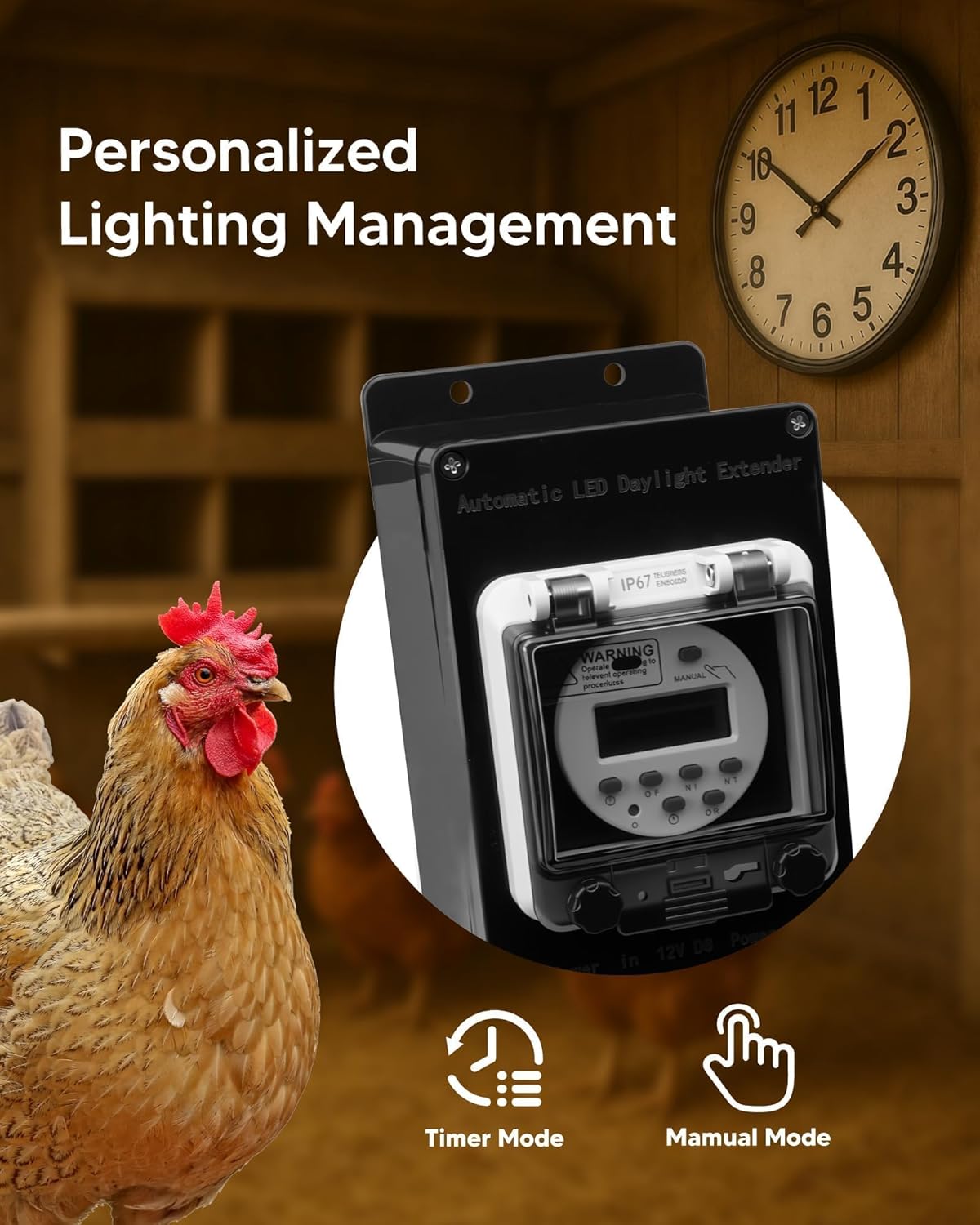 Chicken Coop LED Light with Timer, Automatic Daylight Extender Boost Egg Production IP 65 Waterproof, Provides Additional Light for Hens, Easy Installation