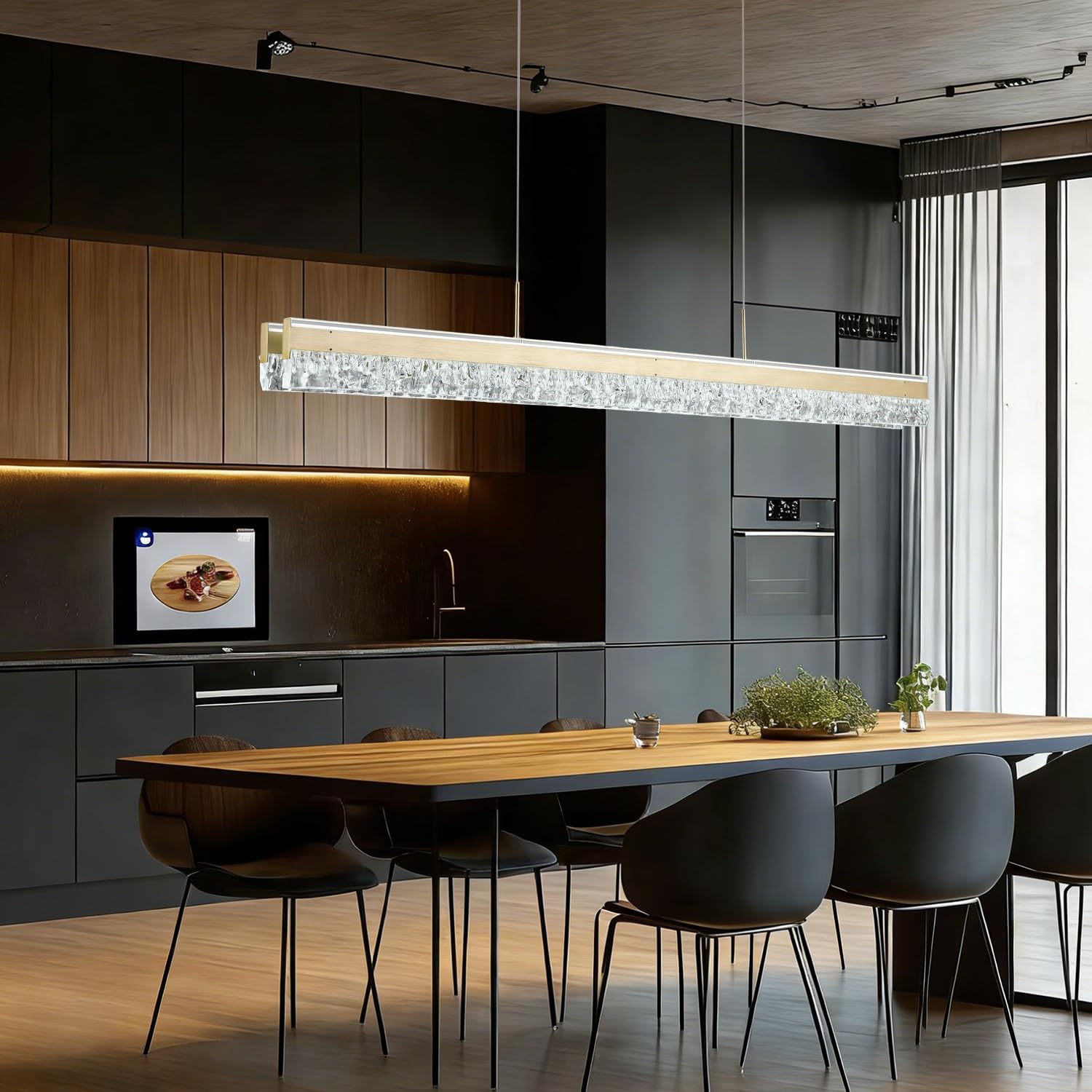 Goldene LED Pendelleuchte Moderner Kronleuchter Linear Kristall Esstischlampe Hängend Kücheninselbeleuchtung Minimalistische Dimmbare Deckenleuchte für Esszimmer mit Fernbedienung
