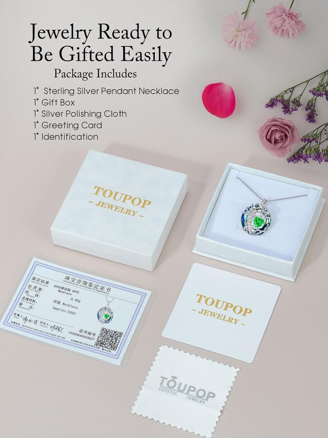 TOUPOP Tree of Life Birthstone Necklace 925 Sterling Silver Pendant Austrian Crystal Jewelry Anniversary Valentine's Day Birthday Gifts for Women Mom Her Wife - Image 6