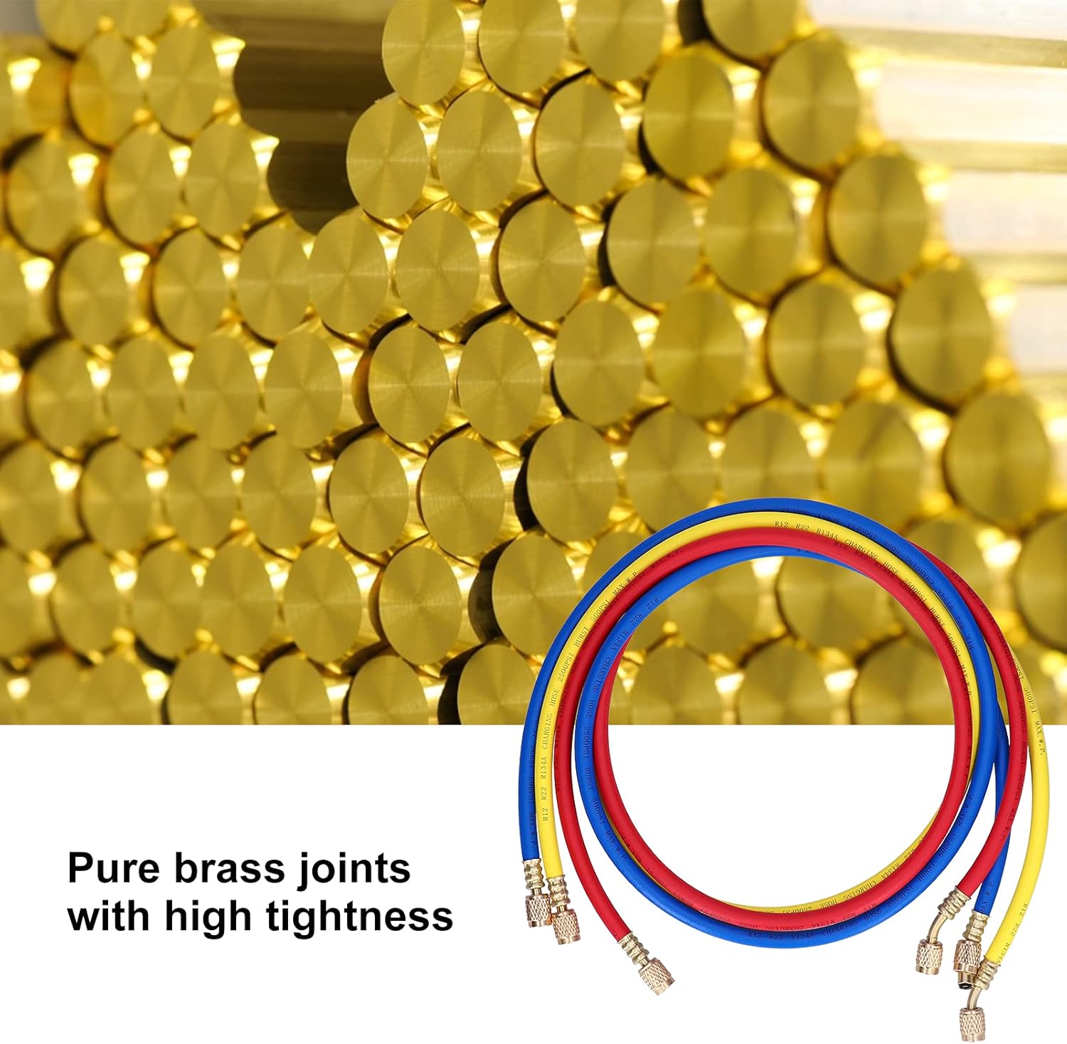 3Pcs AC Charging Hose with Brass Fittings, Refrigerant Charging Hose Set for R22 Systems, 1.5m 3 - Color Detection Liquid Filling Tube for Auto and Industrial AC
