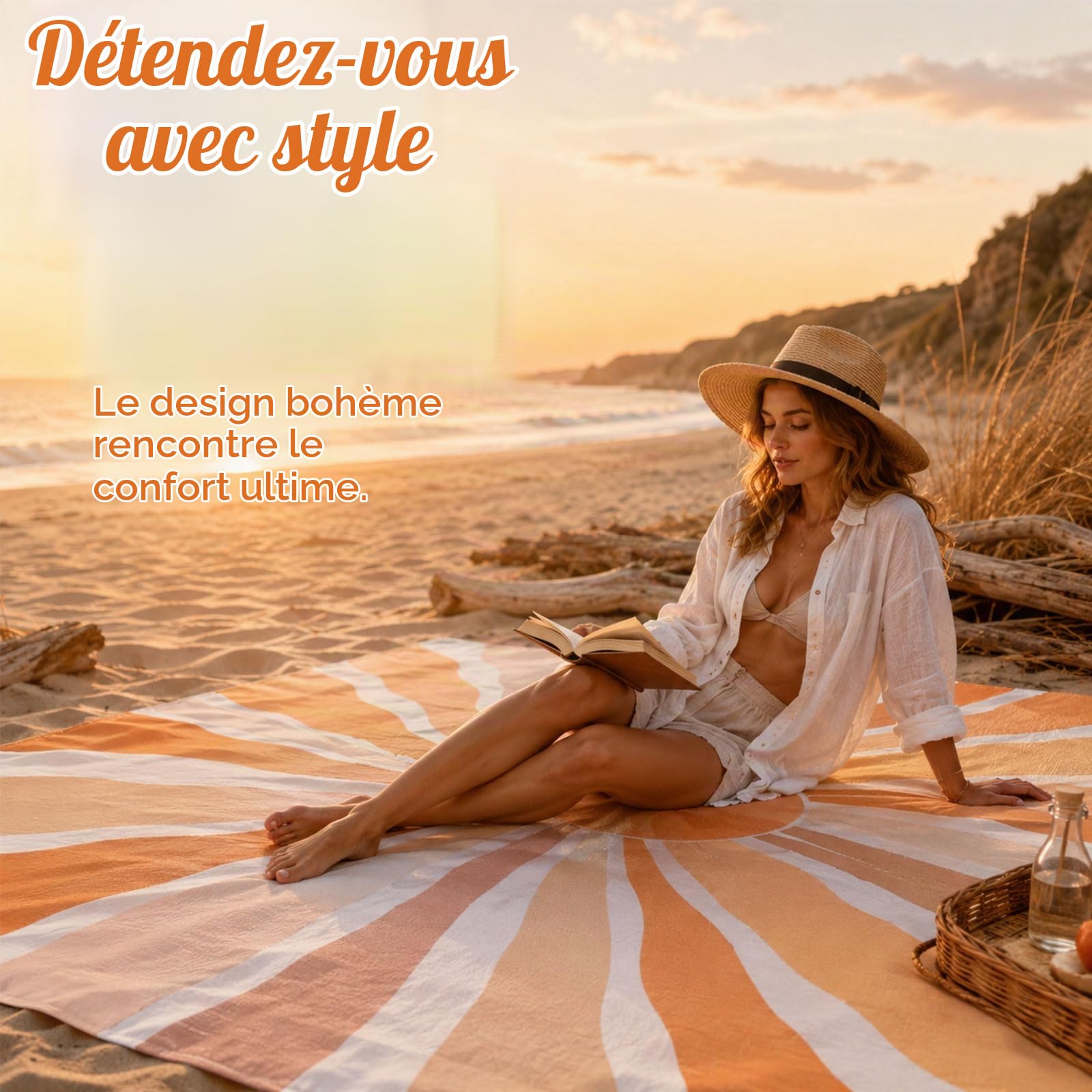 Couverture de plage imperméable et anti-sable – Grande couverture de pique-nique avec piquets de sol et sac de transport – Légère, à séchage rapide et compacte – Tapis de plage pour
