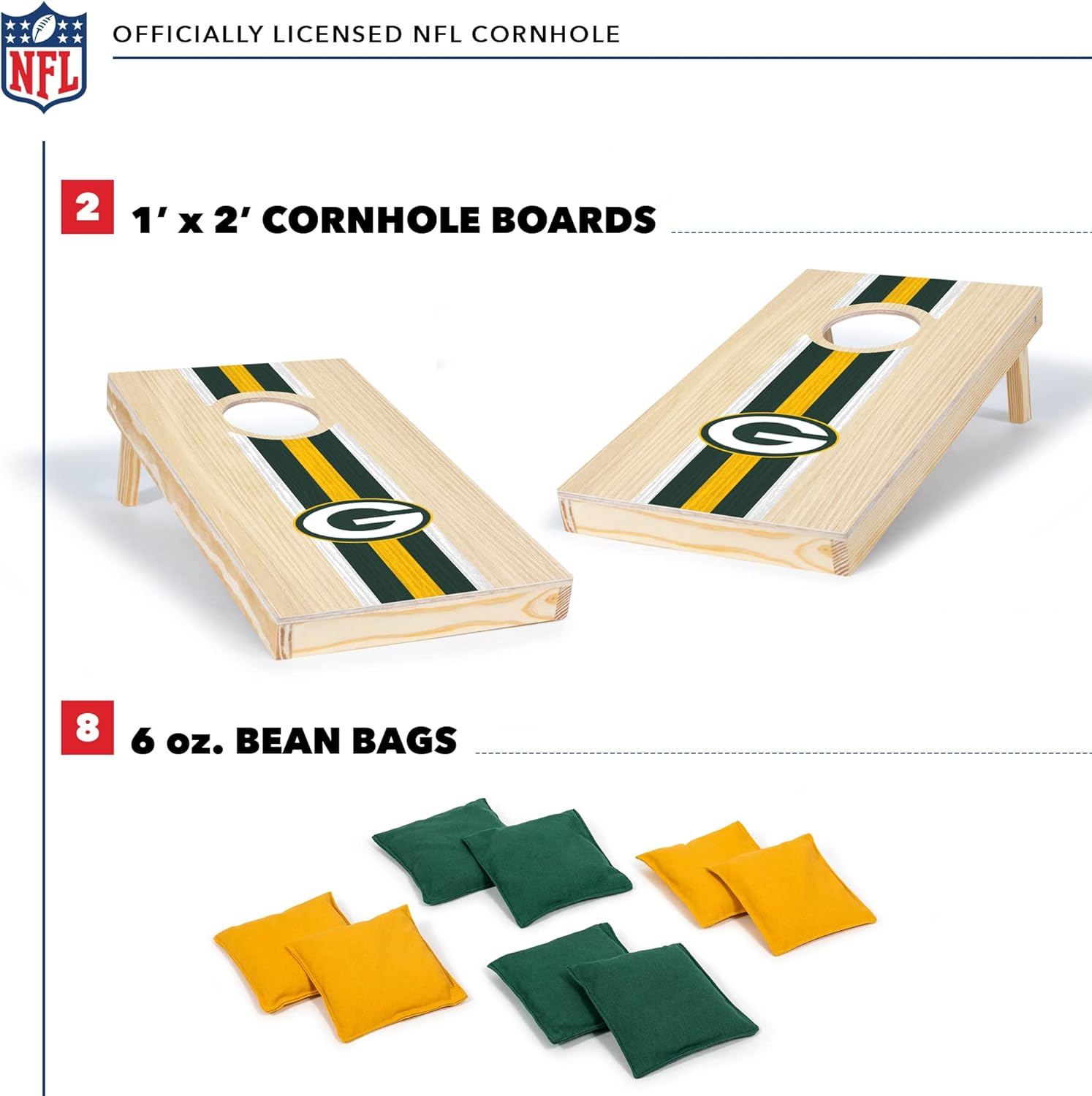 Wild Sports NFL Football Green Bay Packers 1' x 2' Travel Size Solid Wood Cornhole Set with Direct Print HD Team Graphics – Great Gift for Any Sports Fan! Bean Bag Toss Family Games for Outdoor Play