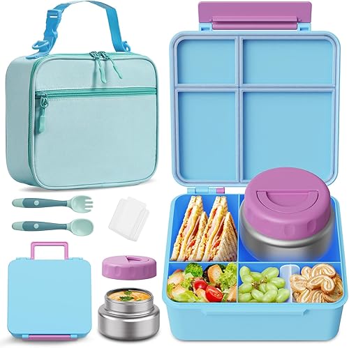 Lonchera Bento para niños con contenedor térmico de alimentos (9 onzas), lonchera de 4 compartimentos, divisor ajustable, lonchera Bento a prueba de