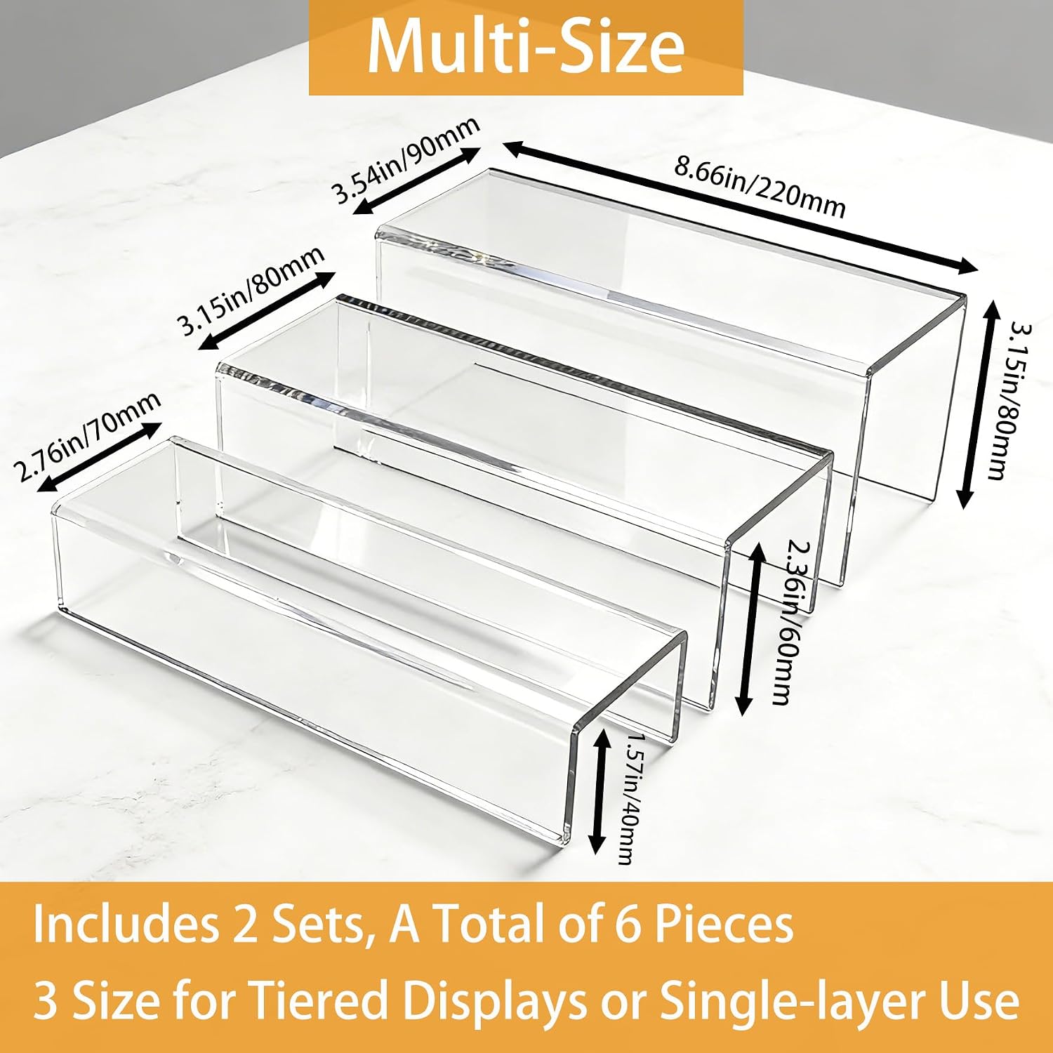 MerryNine Acrylic Risers, 6 Pcs 2 Set 8.6”L Clear Display Stand, Rectangular Acrylic Display Risers, Transparent Pop stand for Cupcakes, Figures, cosmetics, Retail, Shoe Showcase, Collectibles Display