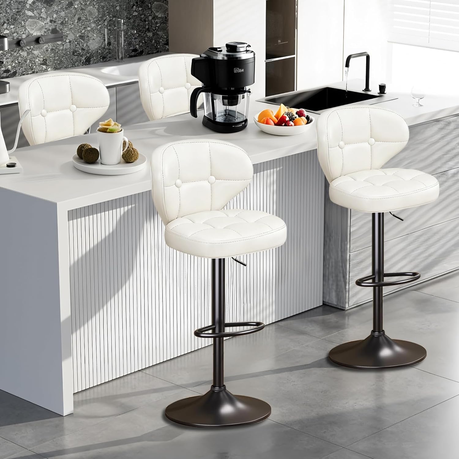 Bar Stools Set of 4,Adjustable Swivel Barstools, Modern PU Leather Upholstered Bar Chair with Back and Footrest,for Bar, Kitchen, Dining Room White