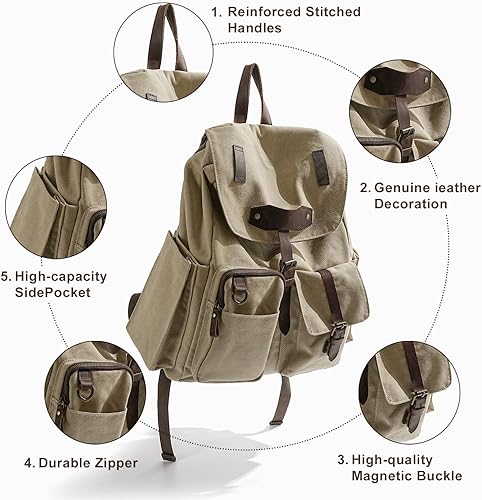 Miniatura 5 de Mochila de lona vintage para hombres y mujeres, mochila para laptop de 15.6 pulgadas para escuela, trabajo, viajes