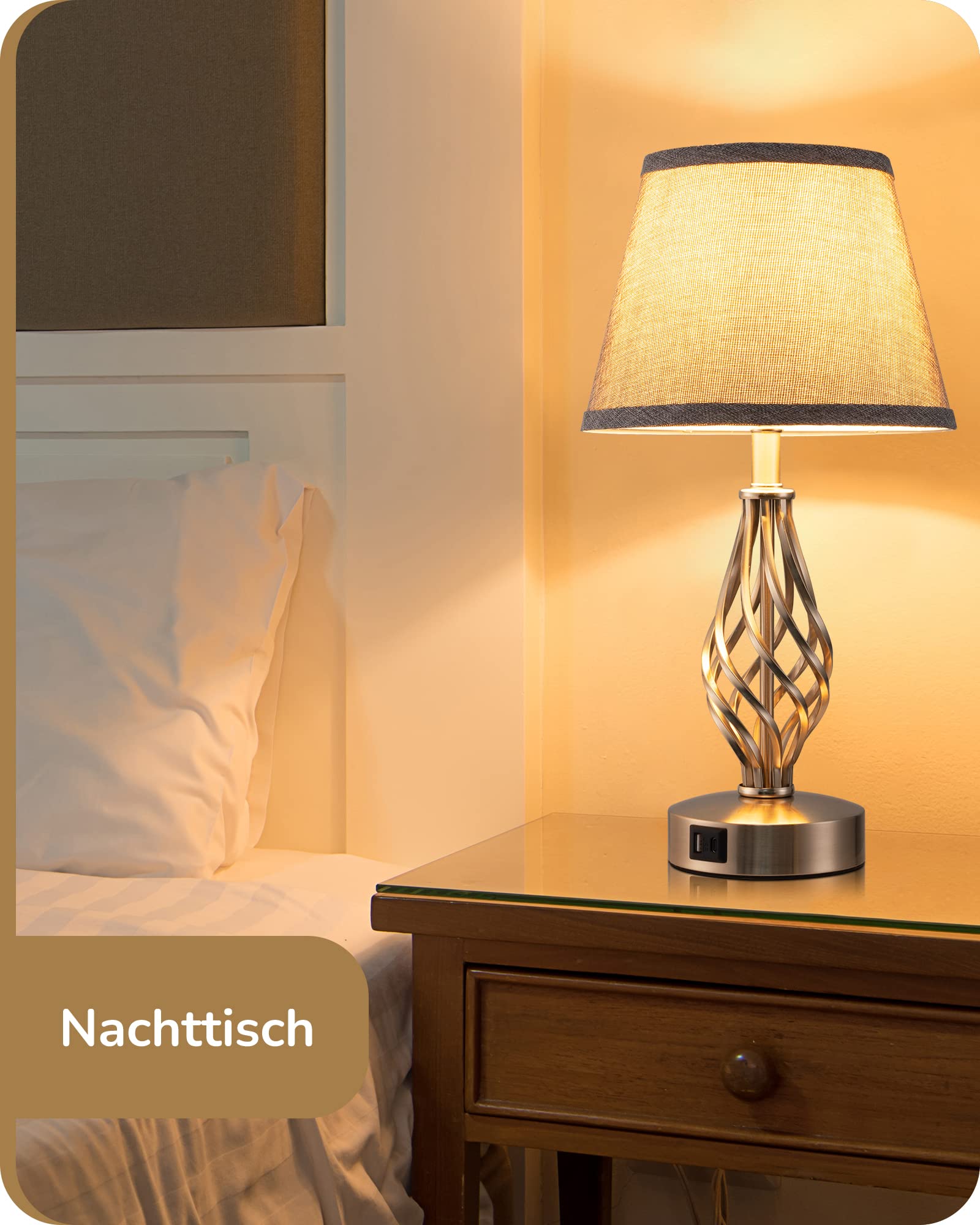 EDISHINE LED Nachttischlampe Touch Dimmbar 2er Set, Tischlampe Modern, Lampe mit Ladefunktion, 2 USB Anschlüsse, für Deko Schlafzimmer, Wohnzimmer, Fensterbank, Geschenk, Lampenschirm Leinen, Grau